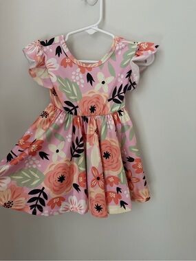 Dot Dot Smile Pink Floral Flutter Dress with Coral & Cream Blooms